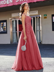 Robe de Soirée de A-ligne en Tulle à Col Carré Longueur au Sol Bordeaux Grande Taille