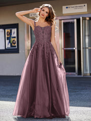 Robe de Soirée de A-ligne en Tulle à Col Carré Longueur au Sol Cabernet