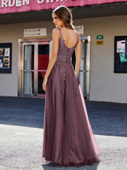 Robe de Soirée de A-ligne en Tulle à Col Carré Longueur au Sol Cabernet