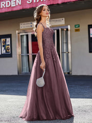 Robe de Soirée de A-ligne en Tulle à Col Carré Longueur au Sol Cabernet