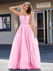 Robe de Soirée de A-ligne en Tulle à Col Carré Longueur au Sol Rose Bonbon Grande Taille