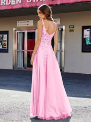 Robe de Soirée de A-ligne en Tulle à Col Carré Longueur au Sol Rose Bonbon Grande Taille