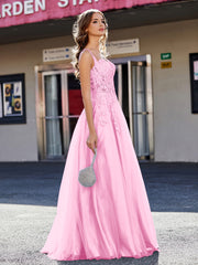Robe de Soirée de A-ligne en Tulle à Col Carré Longueur au Sol Rose Bonbon Grande Taille