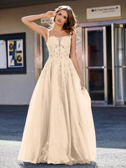Robe de Soirée de A-ligne en Tulle à Col Carré Longueur au Sol Champagne