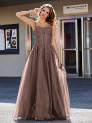 Robe de Soirée de A-ligne en Tulle à Col Carré Longueur au Sol Chocolat