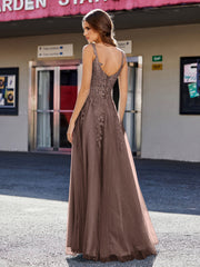 Robe de Soirée de A-ligne en Tulle à Col Carré Longueur au Sol Chocolat Grande Taille