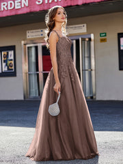 Robe de Soirée de A-ligne en Tulle à Col Carré Longueur au Sol Chocolat
