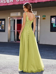 Robe de Soirée de A-ligne en Tulle à Col Carré Longueur au Sol Trèfle Grande Taille