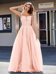 Robe de Soirée de A-ligne en Tulle à Col Carré Longueur au Sol Corail