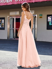Robe de Soirée de A-ligne en Tulle à Col Carré Longueur au Sol Corail Grande Taille