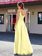 Robe de Soirée de A-ligne en Tulle à Col Carré Longueur au Sol Jonquille