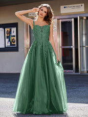 Robe de Soirée de A-ligne en Tulle à Col Carré Longueur au Sol Vert Foncé