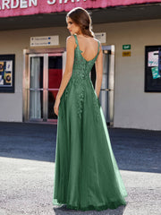 Robe de Soirée de A-ligne en Tulle à Col Carré Longueur au Sol Vert Foncé Grande Taille