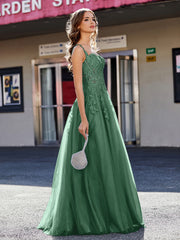 Robe de Soirée de A-ligne en Tulle à Col Carré Longueur au Sol Vert Foncé