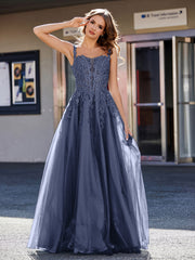 Robe de Soirée de A-ligne en Tulle à Col Carré Longueur au Sol Bleu Marine Grande Taille