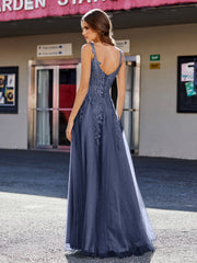 Robe de Soirée de A-ligne en Tulle à Col Carré Longueur au Sol Bleu Marine