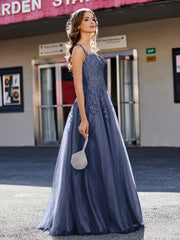Robe de Soirée de A-ligne en Tulle à Col Carré Longueur au Sol Bleu Marine
