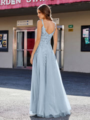 Robe de Soirée de A-ligne en Tulle à Col Carré Longueur au Sol Bleu Poudré Grande Taille