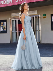 Robe de Soirée de A-ligne en Tulle à Col Carré Longueur au Sol Bleu Poudré Grande Taille
