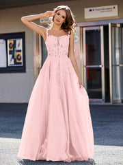 Robe de Soirée de A-ligne en Tulle à Col Carré Longueur au Sol Rose Poudré
