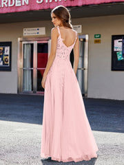 Robe de Soirée de A-ligne en Tulle à Col Carré Longueur au Sol Rose Poudré Grande Taille
