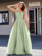 Robe de Soirée de A-ligne en Tulle à Col Carré Longueur au Sol Sauge Poudrée