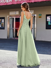 Robe de Soirée de A-ligne en Tulle à Col Carré Longueur au Sol Sauge Poudrée Grande Taille