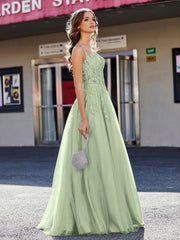 Robe de Soirée de A-ligne en Tulle à Col Carré Longueur au Sol Sauge Poudrée