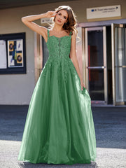 Robe de Soirée de A-ligne en Tulle à Col Carré Longueur au Sol Emeraude