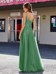 Robe de Soirée de A-ligne en Tulle à Col Carré Longueur au Sol Emeraude Grande Taille