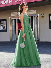 Robe de Soirée de A-ligne en Tulle à Col Carré Longueur au Sol Emeraude Grande Taille