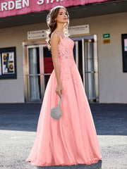 Robe de Soirée de A-ligne en Tulle à Col Carré Longueur au Sol Flamant Grande Taille