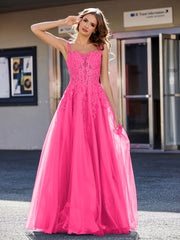 Robe de Soirée de A-ligne en Tulle à Col Carré Longueur au Sol Fuchsia Grande Taille