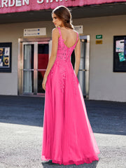 Robe de Soirée de A-ligne en Tulle à Col Carré Longueur au Sol Fuchsia Grande Taille