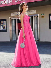 Robe de Soirée de A-ligne en Tulle à Col Carré Longueur au Sol Fuchsia Grande Taille