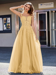 Robe de Soirée de A-ligne en Tulle à Col Carré Longueur au Sol Or