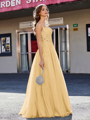 Robe de Soirée de A-ligne en Tulle à Col Carré Longueur au Sol Or