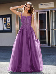 Robe de Soirée de A-ligne en Tulle à Col Carré Longueur au Sol Raisin