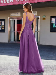 Robe de Soirée de A-ligne en Tulle à Col Carré Longueur au Sol Raisin