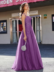 Robe de Soirée de A-ligne en Tulle à Col Carré Longueur au Sol Raisin