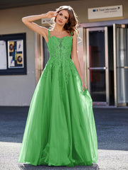 Robe de Soirée de A-ligne en Tulle à Col Carré Longueur au Sol Vert