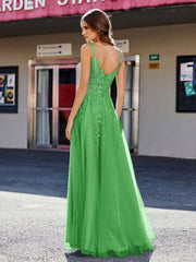Robe de Soirée de A-ligne en Tulle à Col Carré Longueur au Sol Vert