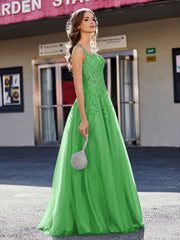 Robe de Soirée de A-ligne en Tulle à Col Carré Longueur au Sol Vert