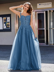 Robe de Soirée de A-ligne en Tulle à Col Carré Longueur au Sol Bleu Encre