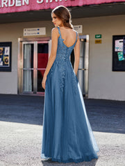 Robe de Soirée de A-ligne en Tulle à Col Carré Longueur au Sol Bleu Encre Grande Taille