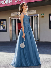 Robe de Soirée de A-ligne en Tulle à Col Carré Longueur au Sol Bleu Encre Grande Taille
