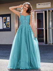 Robe de Soirée de A-ligne en Tulle à Col Carré Longueur au Sol Jade