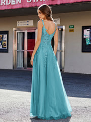 Robe de Soirée de A-ligne en Tulle à Col Carré Longueur au Sol Jade