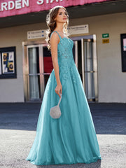 Robe de Soirée de A-ligne en Tulle à Col Carré Longueur au Sol Jade
