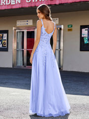 Robe de Soirée de A-ligne en Tulle à Col Carré Longueur au Sol Lavande
